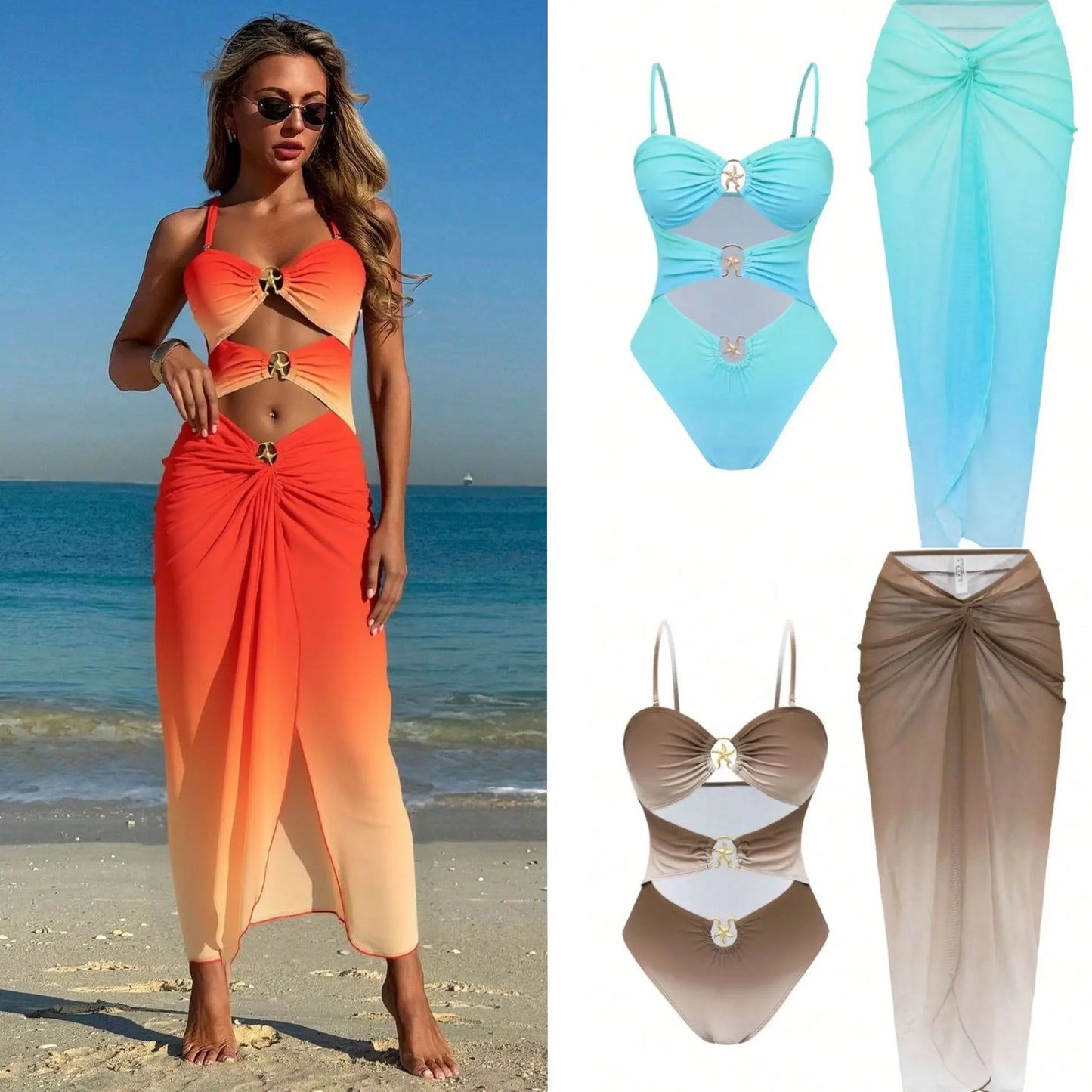 2 PCS Set 3 Colors Sexy Swimsuit Women's Bathing Suit Strap Net Skirt Integrated Swimwear with Skirt Cross-Border Summer Beach Swimsuit Apparel Sets