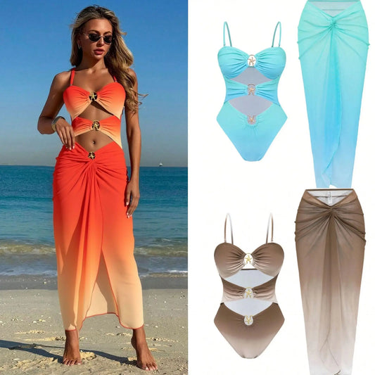 2 PCS Set 3 Colors Sexy Swimsuit Women's Bathing Suit Strap Net Skirt Integrated Swimwear with Skirt Cross-Border Summer Beach Swimsuit Apparel Sets
