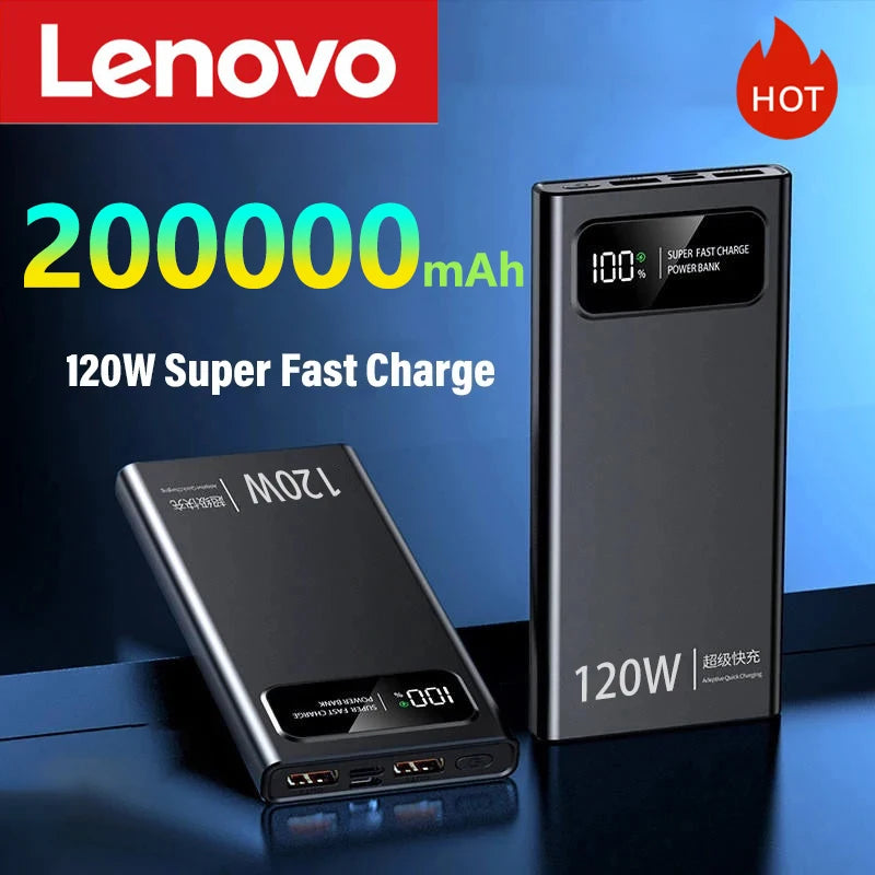 Original Lenovo 120W Super Fast Charging Power Bank 200000mAh Ultra Large Capacity Digital Display Power Bank for iPhone External Battery