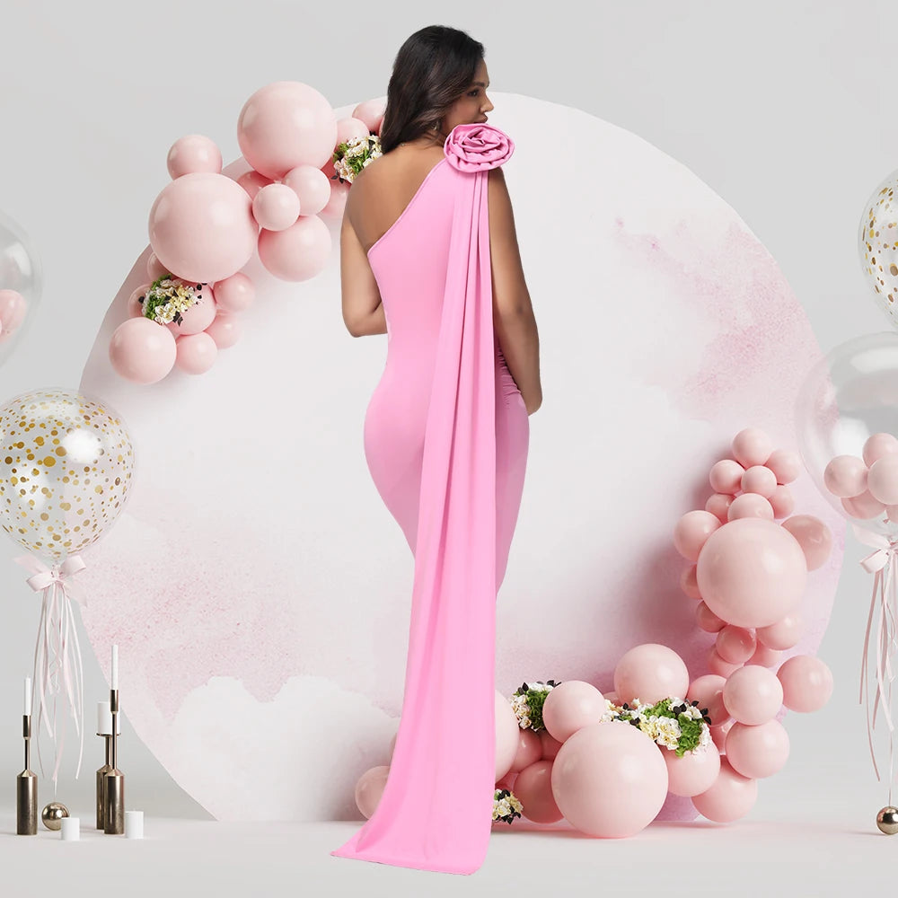 NEW S-XL Maternity Pink One Shoulder 3D Floral Floating Sleeve Bodycon Summer Midi Dress for Baby Shower Photoshoot Evening Party Formal Dress