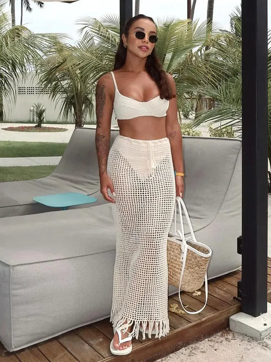 NEW Arrivals Sexy Summer Knit Cut Out Beach Half Skirt Women Chic Drawstring Fringed Casual Wrap Skirts Pool Party Swimwear Cover Up K50 Girls Ladies Sexy Beach Wear
