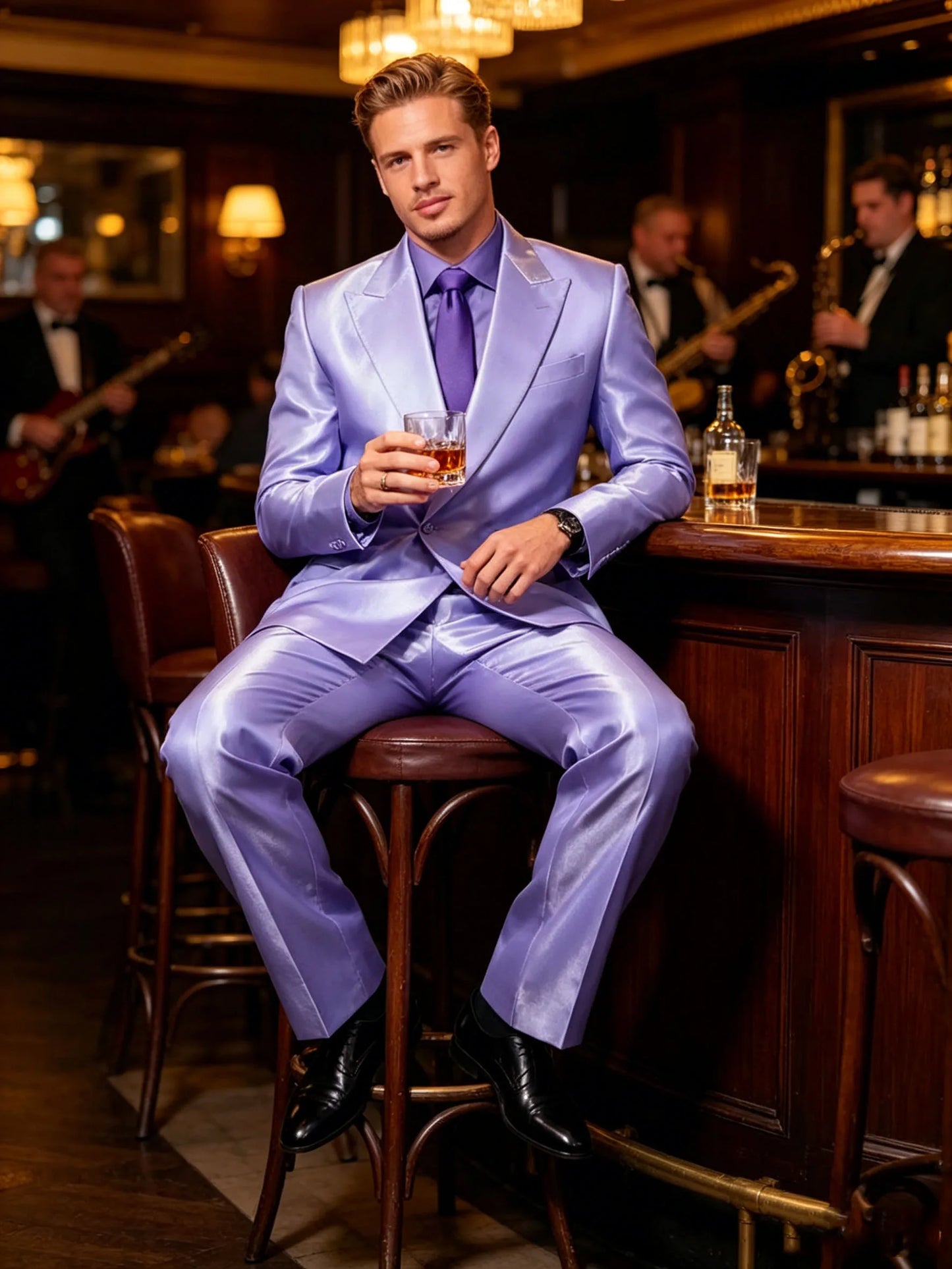 8 Colors 2 PCS Set S-7XL Extra Plus Size Luxury Men‘s Satin Suit Peak Lapel Slim Fit Tuxedo Jacket Straight Leg Pants Formal Outfit Wedding Prom Party Groom.