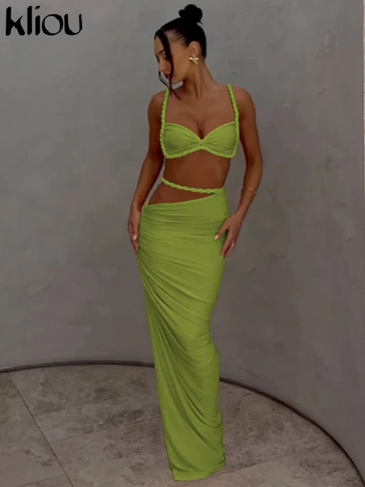 NIEW Arrivals Woven Sexy Women  Stunning Hot Solid Pleated Crop Camisoles +High Waist Maxi Skirts Female Trend Vacation Outfit