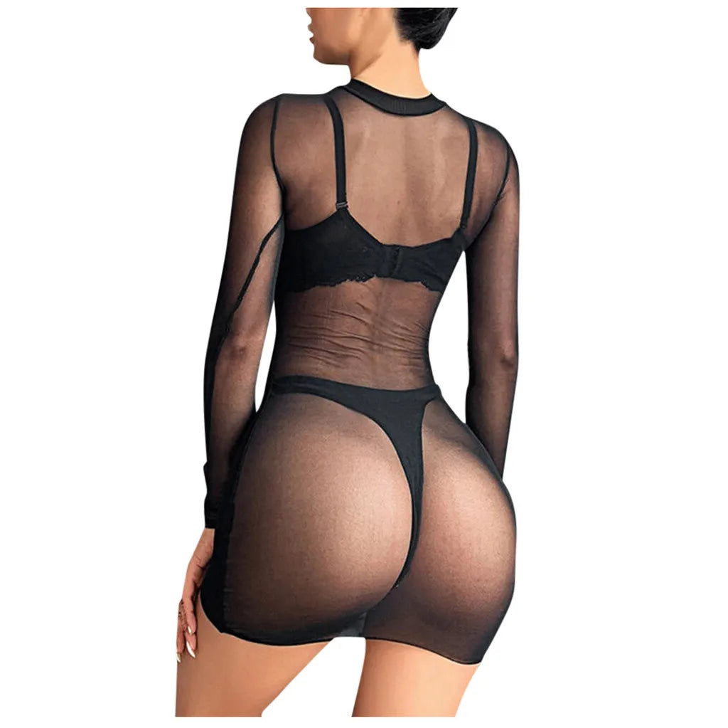 Women's Intimates Breathable Sexy Lingerie Temptation Sheer Mesh See-Through Long Sleeve Casual Clubwear Mini Dress Nightgowns