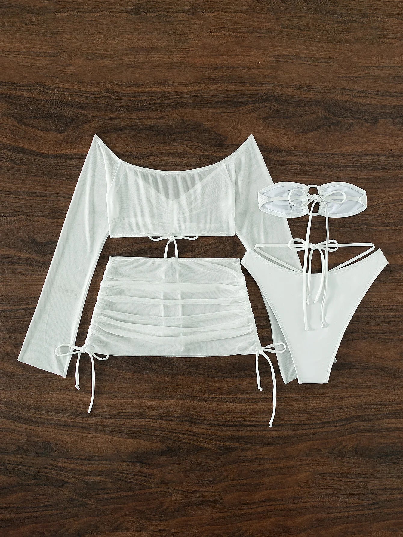 NEW Arrivals 4PCS Set - 4 Colors Women Girls Sexy Sheer Bikini Set, Bandeau Bra, High Cut Bottom, Drawstring Cover Up Top, Skirt, Summer Water Pool Beach Bathing Suit Female Ladies Summer Swimwear Swimsuit Fashion Apparel Sup