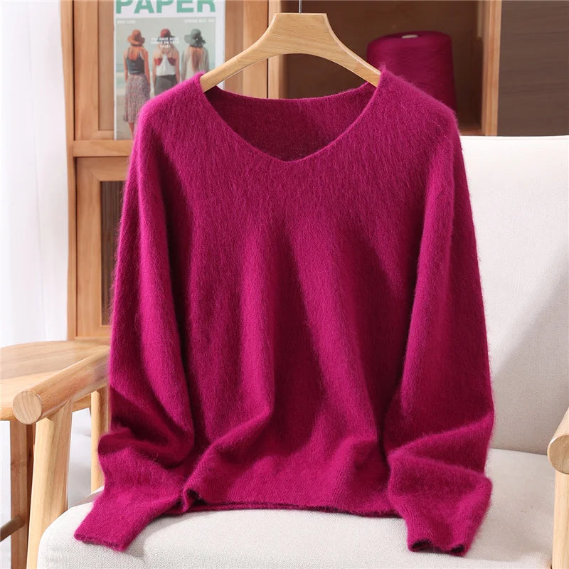 100% Mink Uzbekistan Cashmere 10 Colors S-3XL UK Plus Size Sweater Women's Autumn Winter New Style Solid Color V-Neck Knitted Top Quality Sweater Versatile Loose Base Top