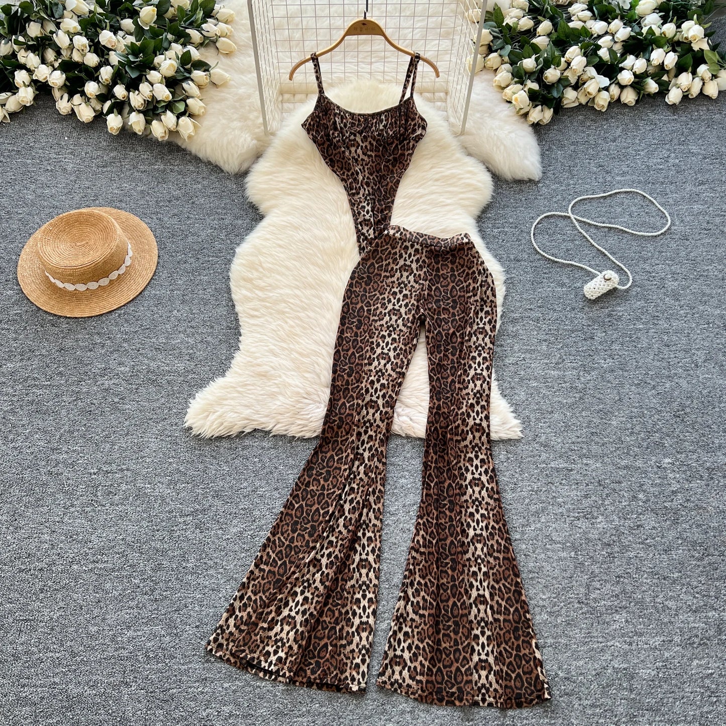 Newest Leopard 2PCS Suits UK Size Women Sexy Strap Tops +Elastic Waist Flared Pants American Ins Fashion Hot Sets