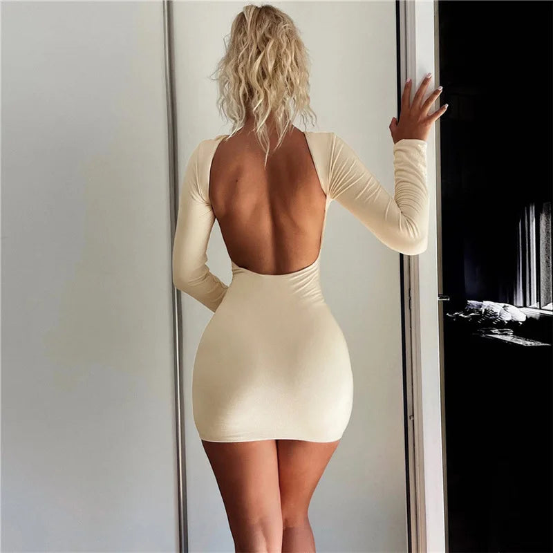 NEW Arrivals Khaki/Black Autumn Fashion Sexy Open Back Solid Slinky Female Mini Dress Evening Night Club Party Outfits Long Sleeve Round Neck Bodycon Dresses Ladies Girls Sexy Fashion Clothing Supplies