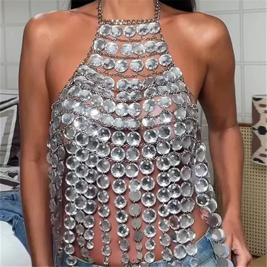 NEW Arrivals Sexy Backless Halter Metal Disc Crop Top Women Glittery Tassel Chainmail Top for Party Club Night Out Festival Rave Wear