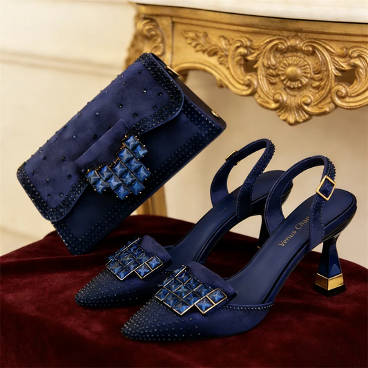 7 Colors Luxury Stylish Rhinestones High Heel Shoes & Matching Handbag - Elegant Pointed-Toe Footwear for Women, Ideal for Parties