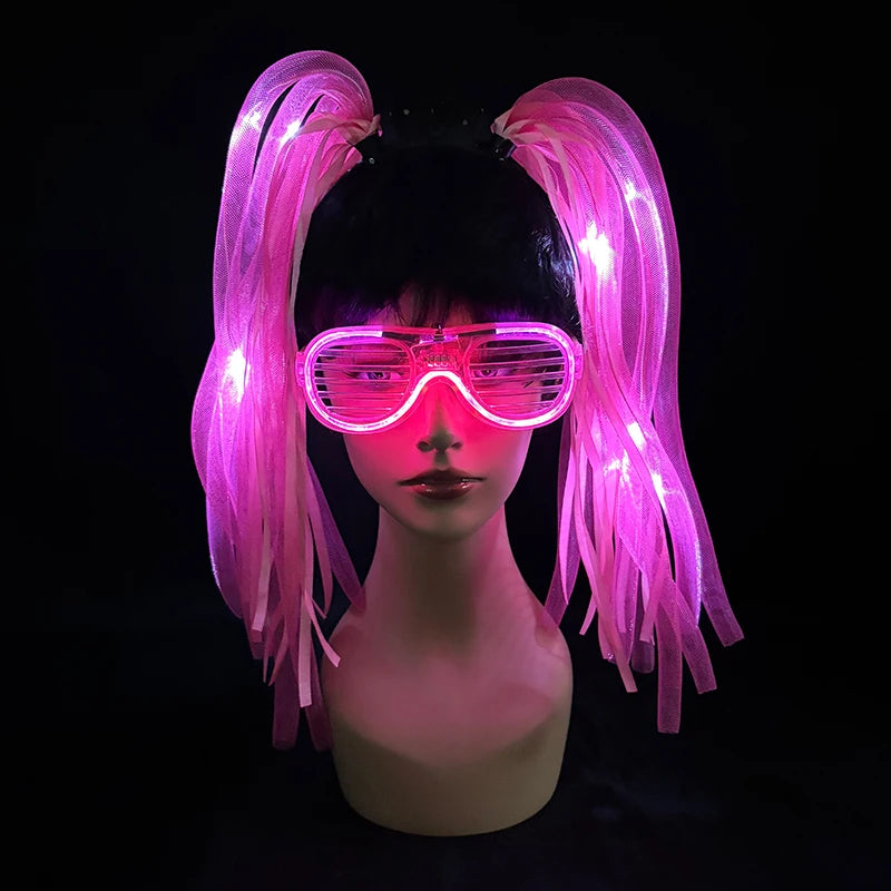 2 PCS Set Headbands + Glasses Rave Party  Luminous Flashing Noodles Headband Light Up Braid Headband Girl Women Bar Club Night Show Headwear Supplies