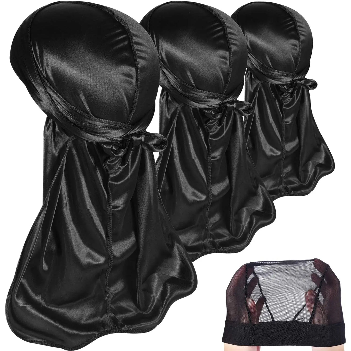 3 PCS Ice Silk Set Women Men Silky Durag Headwraps Durag With Free Waves Cap Durags Pack with Long Tail and Wide Straps Bandanas