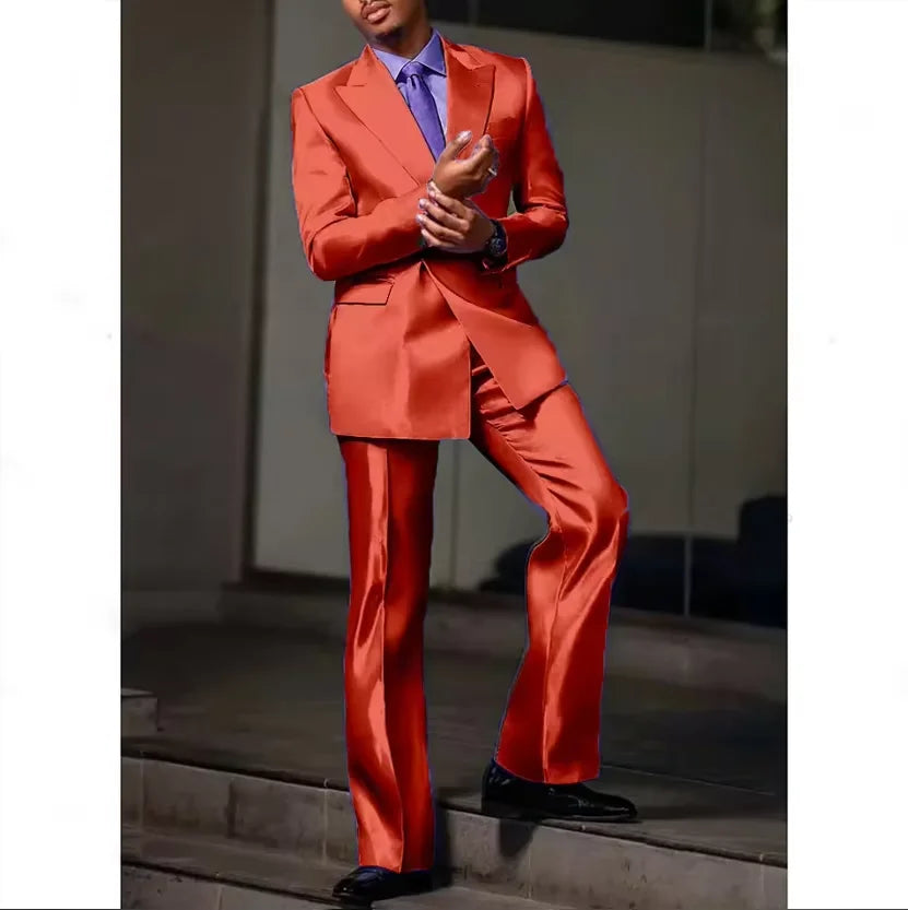 8 Colors 2 PCS Set S-7XL Extra Plus Size Luxury Men‘s Satin Suit Peak Lapel Slim Fit Tuxedo Jacket Straight Leg Pants Formal Outfit Wedding Prom Party Groom.
