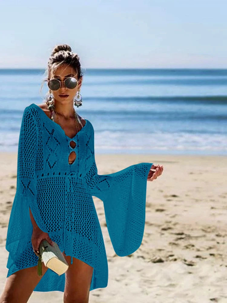 NEW Arrivals 7 Colors Sexy Cover Up Bikini Women Swimsuit Cover-Up Beach Bathing Suit Beach Wear Knitting Swimwear Mesh Beach Dress Tunic Mini Dress