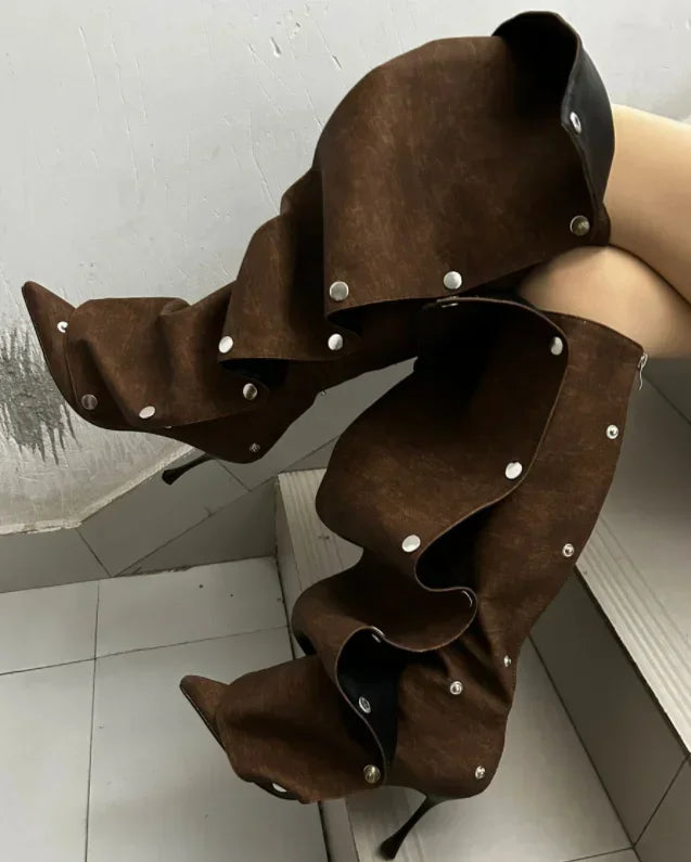 Just Arrived 7 Colors High Heel Long Boots for Women Botte Winter Boots Shoes Botas Mujer Thin Heeled Pointed Leather Denim Metal Button Shoe s Women Casual Apparel Accessories