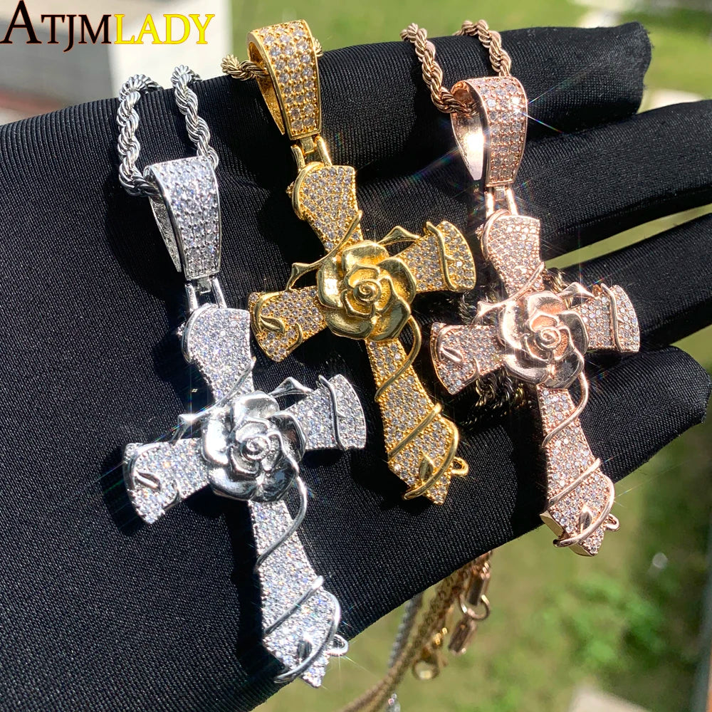 New Iced Out Cross Pendant Necklace For Women Men Bling Prong Setting Cubic Zirconia Cross Charm Luxury Hip Hop Fashion Jewelry Accessories.