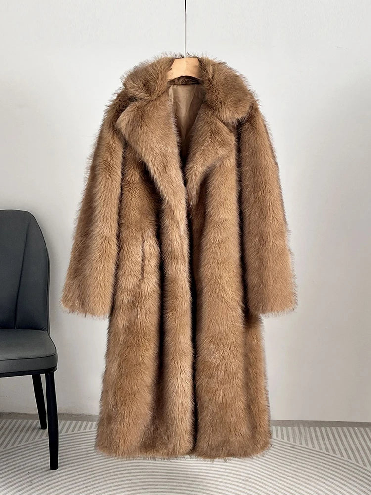 Low-Price Sales are Limited S-2XL NEW Luxury Women's Female Faux Fur Coat Lapel Loose Long Sleeve Solid Color Loose Thick Warm Camel Jackets Winter Snow Warm Outerwear Girls Ladies Winter Luxury Fashion Clothing Supplies