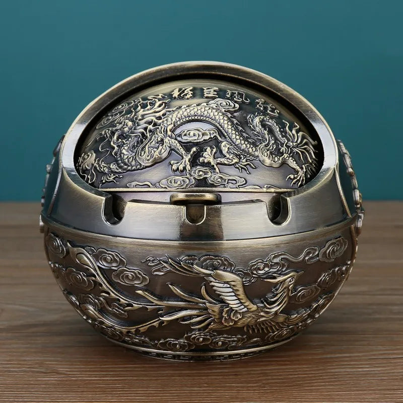 Collectible Ancient Egyptian Tutankhamun Pharaoh Ashtray Zinc Alloy Metal With Cover Anti-Fall Windproof Ashtray Home Living Room Tea Room Table Decoration