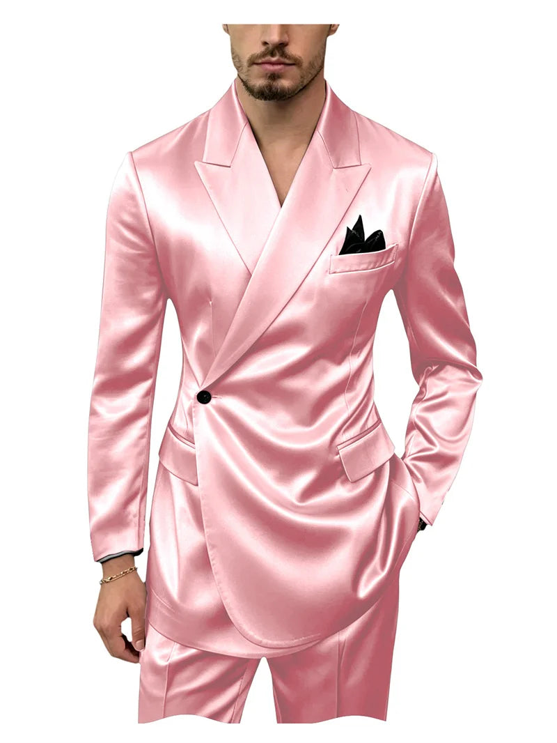 8 Colors 2 PCS Set S-7XL Extra Plus Size Men's Luxury Satin Suit Asymmetrical Wrap Peak Lapel Silk Suit One Button Slim Fit Blazer Pants Wedding Celebrity Red Carpet Business Formal Evening Luxury Outfit