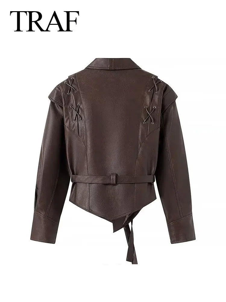 Female Street Leather Jacket Spring Women's Versatile Brown Long Sleeves V-neck Single Breasted Lace-up Causal Coats