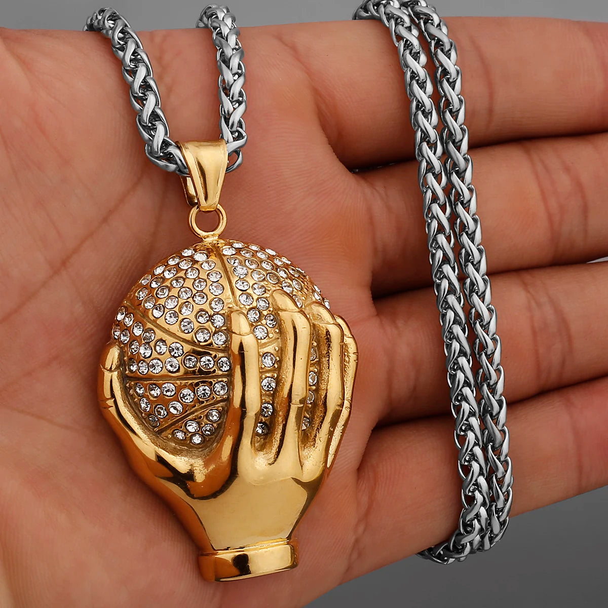 Hip-Hop Trend Golden Hand Basketball Necklace + Chain Stainless Steel Pendant Men's Fashion Street Hip-Hop Rap Male Pendant Necklace Jewelry Accessories