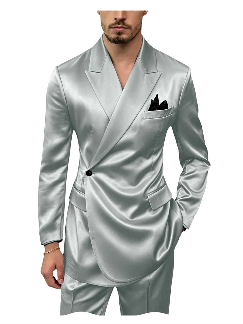 8 Colors 2 PCS Set S-7XL Extra Plus Size Men's Luxury Satin Suit Asymmetrical Wrap Peak Lapel Silk Suit One Button Slim Fit Blazer Pants Wedding Celebrity Red Carpet Business Formal Evening Luxury Outfit