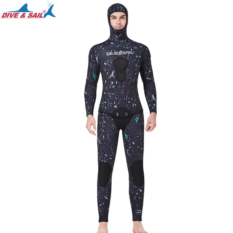 7MM Neoprene Material Thick and Warm S-3XL Extra Plus Size Women Men Wetsuit Top Quality Hooded Split Professional Thermal Diving Suit Water Sports Kitesurf Spearfishing Snorkeling Surfing Suit