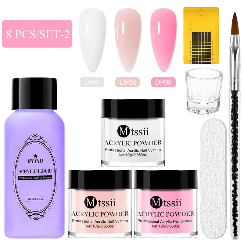 8pcs Nail Acrylic Powder Liquid Set Clear Nude Pink Monomer Liquid Set With Nail Brush For Nails Extension Carving Flower DIY Women Beauty Salon Spa Accessories Nail Care Tools Set