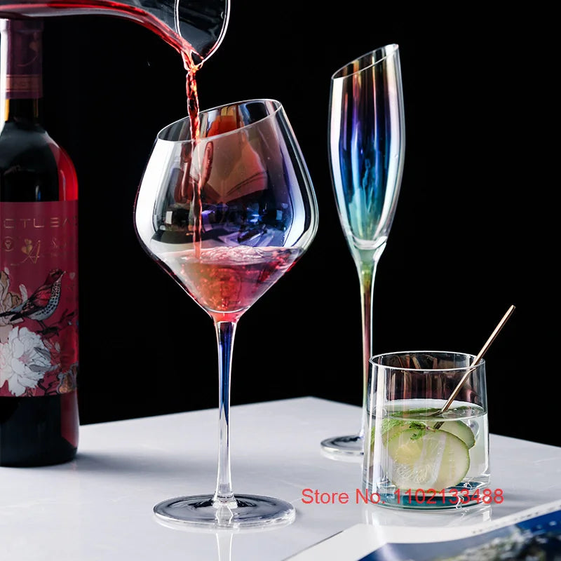 2 PCS Set Color Pearl Luxury Crystal Wine Glass Wedding Party Glassware Drink Cup Plating Rainbow Oblique Bordeaux Goblet Champagne Flutes