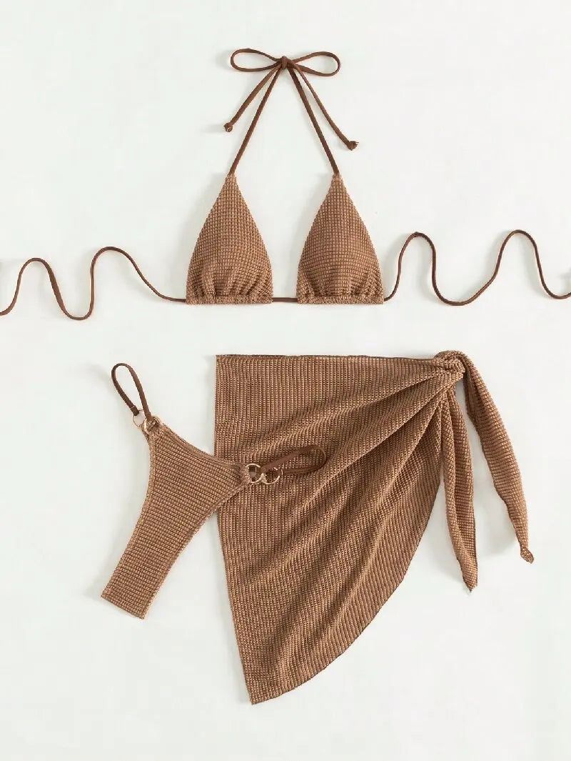 NEW Arrivals HOT SALE 3 PCS Set Sexy Brown Bikini Set Women Halter Push Up Padded Bra Skirt Swimsuit Summer Bathing Suit Cover Up Thong Swimwear