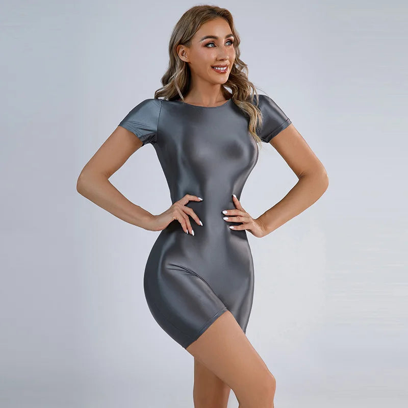 Sexy Jumpsuits Women Oil Glossy Shiny Yoga Shaper Tights Bodycon Bodysuit Elastic One Piece See Through Sexy Tights Satin Shaper Leotard Short Rompers