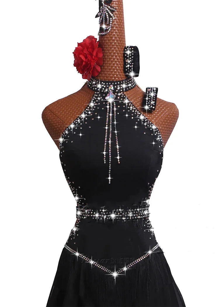 Adults/Children XXXS-2XL 5PCS Set Latin Dance Competition Dress New Performance Dress High-grade Black  Sexy Fishbone Curling Skirt-Dresses