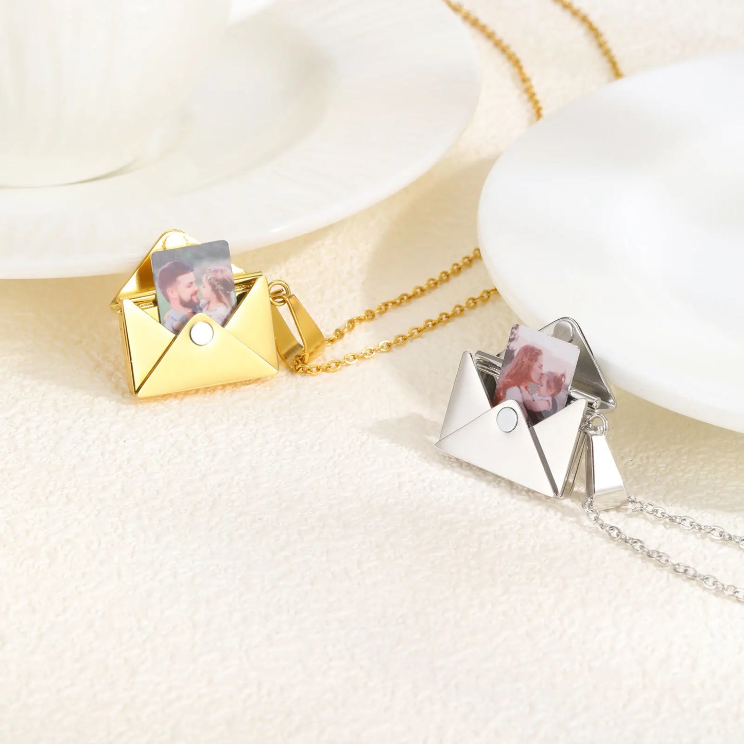 Personalized Photo Locket Necklace Envelope Dates/Names Love Letter Shape Pendant for Women, Customized Picture Pendant Gifts