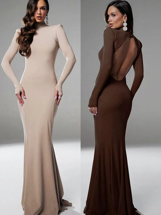 NEW Arrivals Brown/Khaki Color Long Sleeves Women's Evening Dress Elegant Party Spring Autumn Winter Sexy Backless Dress Streetwear Fashion Casual Slim Turtleneck Brown Dress