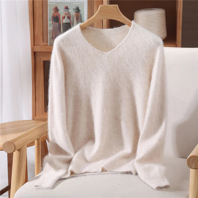 100% Mink Uzbekistan Cashmere 10 Colors S-3XL UK Plus Size Sweater Women's Autumn Winter New Style Solid Color V-Neck Knitted Top Quality Sweater Versatile Loose Base Top