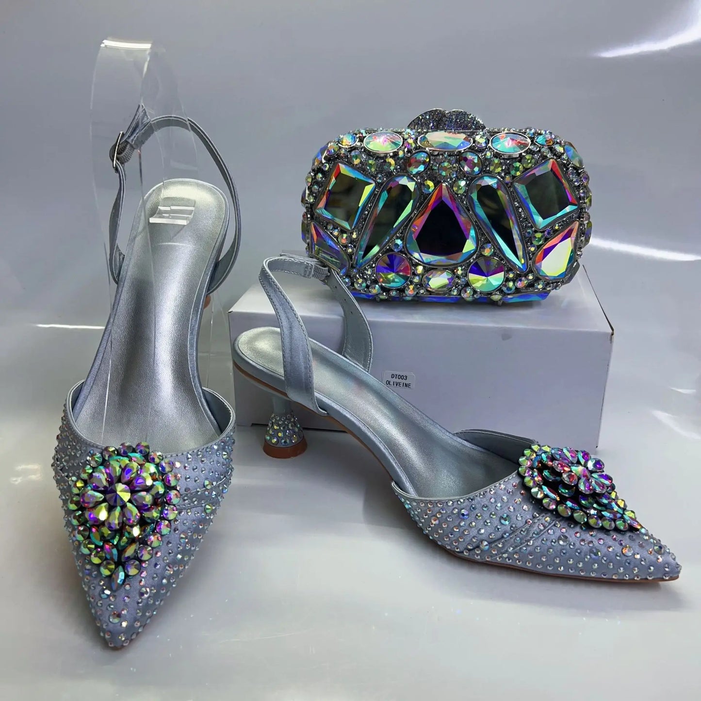 5 Colors  Silver Ab Handmade Luxury Shoes and Bag Matching Set Diamond Sandals for Evening Wedding Guest Party Fashion Stiletto Women Business Dinner Pumps