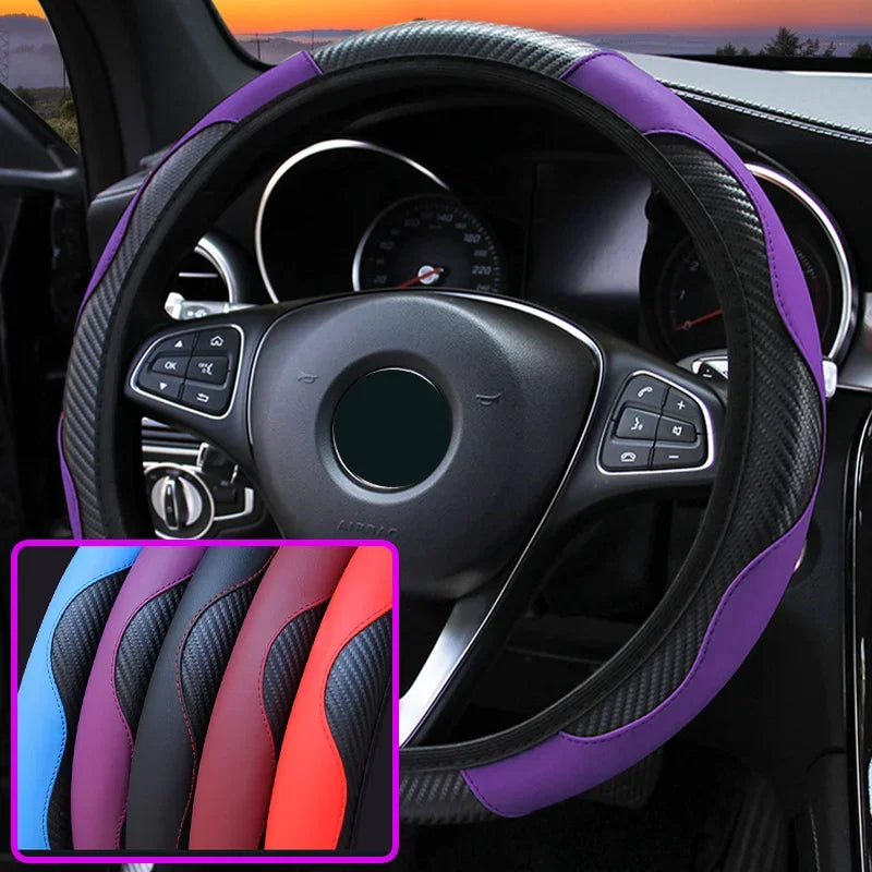 Car 37-38.5cm Steering Wheel Cover Breathable Anti Slip PU Leather Steering Covers Suitable Auto Decoration Carbon Fiber Cars Accessories