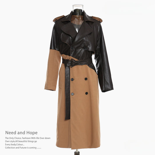 Spliced leather trench coat women's mid-length temperament over the knee strap waist khaki color matching temperament