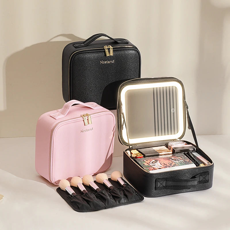 Make-Up Travel Train Case with LED Lighted Mirror, 3 Color Adjust Settings, Travel Makeup Bag With Adjustable Dividers Women Cosmetic Accessories