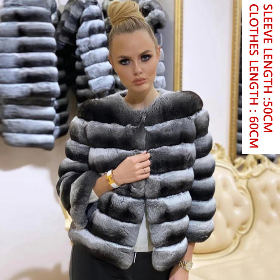 S-3XL 5 Colors Luxury Winter Warm Outerwear Fur Jacket Women Girls Real  Natural Rex Rabbit Fur Coat Chinchilla Colored High Collar Jacket Female Ladies Winter Luxury Fashion Clothing Products