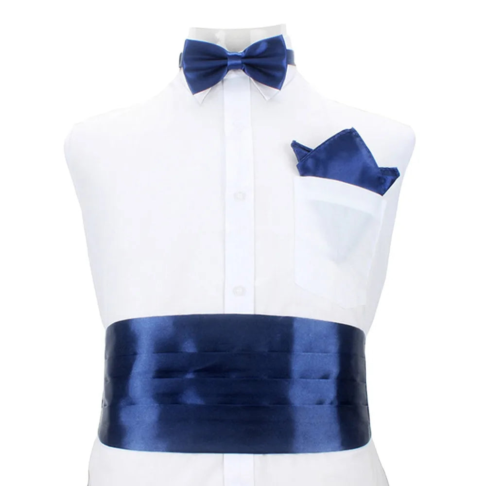 NEW Set Fashion Wide Silk Satin Tuxedo Cummerbund Elastic Gentleman Pocket Square Belly Band Business Neck Tie Set Compere Wedding Guest Evening Party Groom Formal Apparel Sets