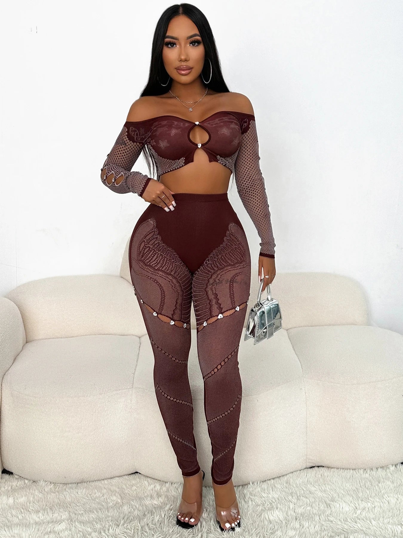 NEW Arrivals 2PCS Set Sexy Thick Women  Chic Hollow Rhinestones Slash Neck Crop Tops+Patchwork Leggings Stretch Matching Evening Nightclub Party Suit Ladies Girls Sexy Fashion Clothing Supplies
