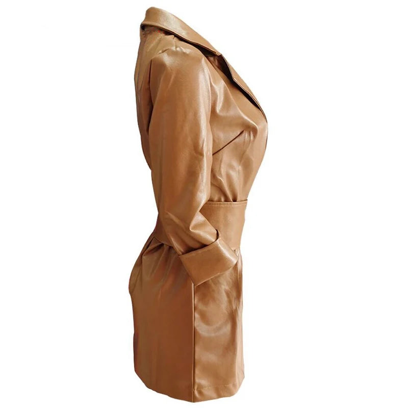 NEW Arrivals Luxury Italian Fashion Leather Women's Dress Sexy V Neck Leather Mid Length PU Leather Waist Closure Dresses Trend Turn Down Dress With Belt Ladies Luxury Fashion Clothing Supplies