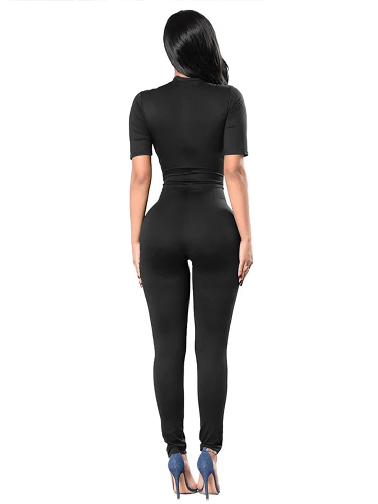 New Autumn and Winter 2023 Short Sleeve V Neck  Bodycon Jumpsuit Full Lengt Rompers Women Jumpsuits