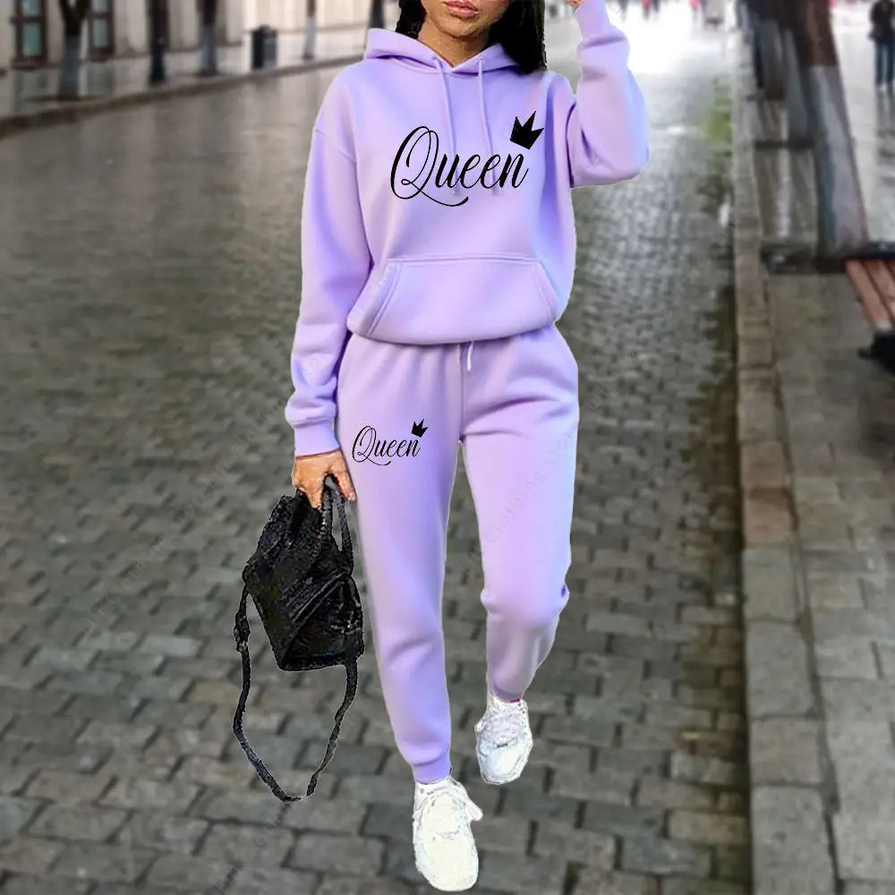 NEW 2PCS Set S-3XL UK Plus Size 10 Colors Queen Letter Graphic Women's Sets Hoodies Pants Suit Autumn Winter Sports Jogging High quality Aesthetic Tracksuit