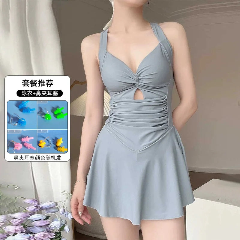 4 PCS Set Women's Swimsuit Dress + Swimming Cap + Goggles + Mobile Phones Bag + Nose Clip Earplugs Conservative Slimming Korean Style Sporty Hot Spring Swimming Suit Pure Color Skirt Style Gathered Bathing Sets