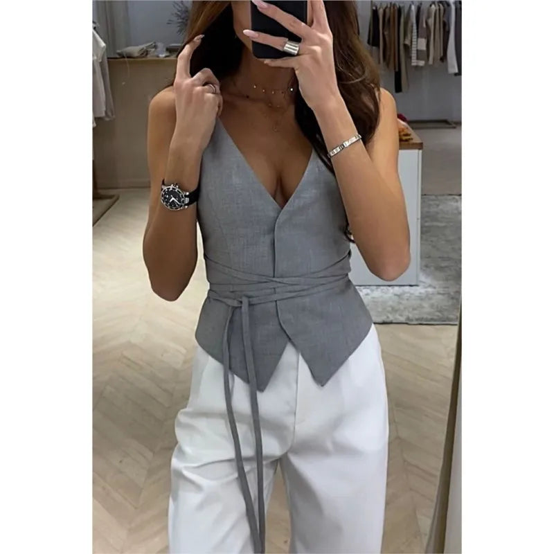 NEW Arrivals UK Size Black/Gray/White Color Elegant Chic Lace-Up V-Neck Women Vest Fashion Solid Slim Sleeveless Tops Female Spring Summer Fashion Sexy Lady Streetwear