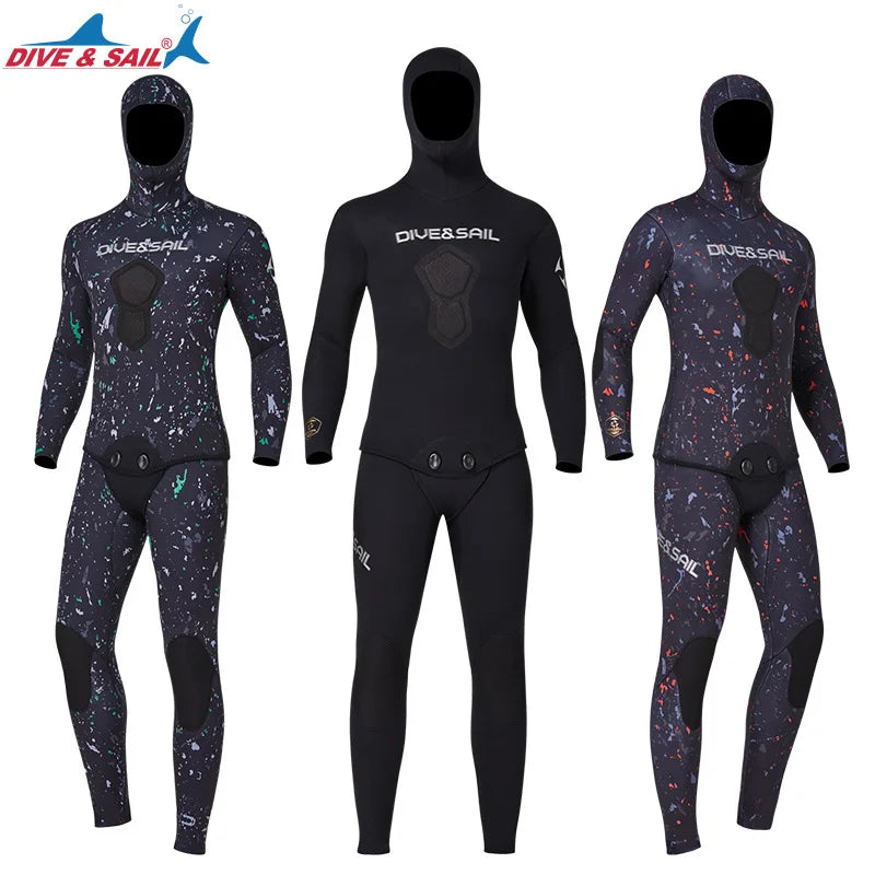 7MM Neoprene Material Thick and Warm S-3XL Extra Plus Size Women Men Wetsuit Top Quality Hooded Split Professional Thermal Diving Suit Water Sports Kitesurf Spearfishing Snorkeling Surfing Suit