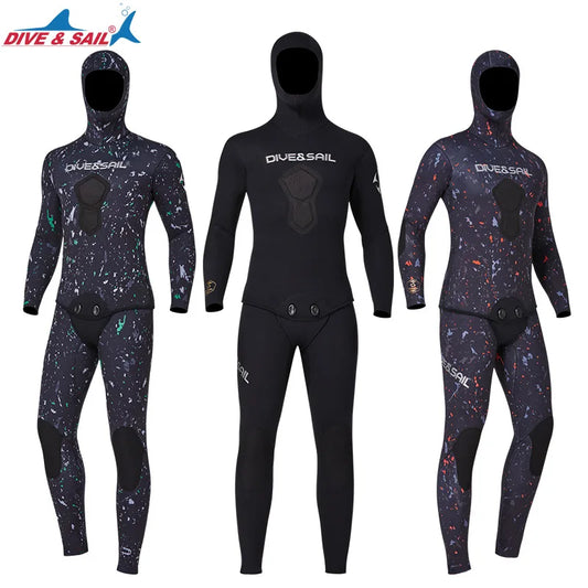 7MM Neoprene Material Thick and Warm S-3XL Extra Plus Size Women Men Wetsuit Top Quality Hooded Split Professional Thermal Diving Suit Water Sports Kitesurf Spearfishing Snorkeling Surfing Suit