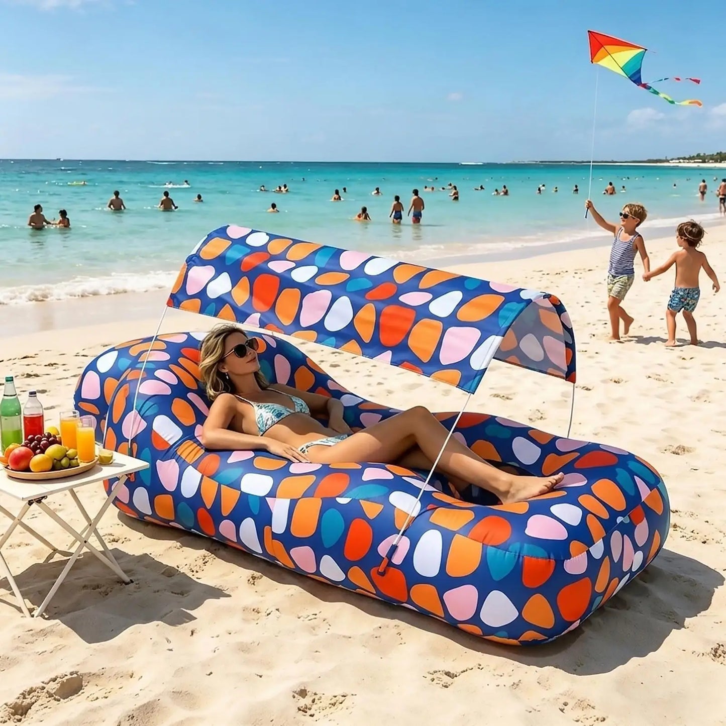 Inflatable Beach Camping Lounger Air Sofa With Sun Shade No-Pump Blow Up Couch For Outdoor Camping Hiking Picnic Vacation